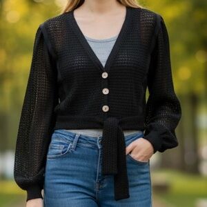 🖤Moon River Black Tie Front Button Cardigan Top Size M NWT